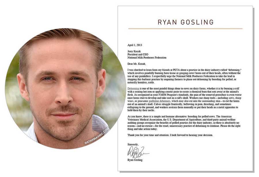 Ryan Goslings Animal Rights Protest Letter